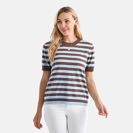 - Maisi Striped Knitted Round Neck Casual Top (Size XXL) - Blue - Brown