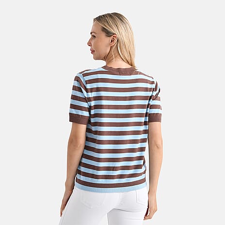- Maisi Striped Knitted Round Neck Casual Top (Size XXL) - Blue - Brown