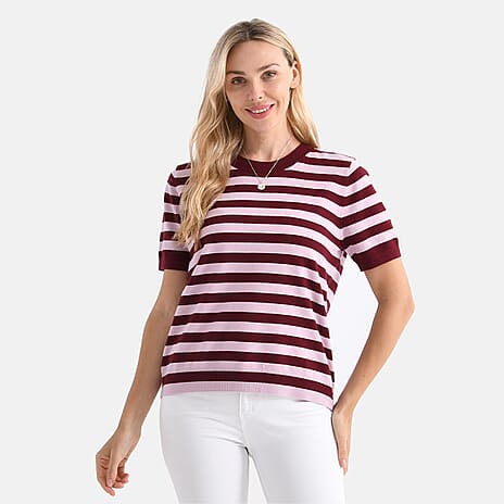 - Maisi Striped Knitted Round Neck Casual Top (Size XL) - Pink - Wine