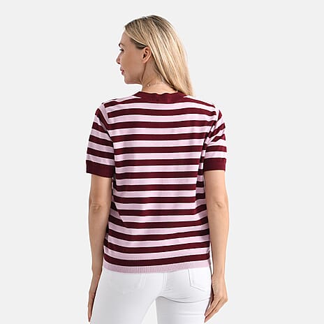 - Maisi Striped Knitted Round Neck Casual Top (Size XL) - Pink - Wine