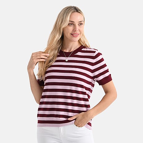 - Maisi Striped Knitted Round Neck Casual Top (Size XXL) - Pink - Wine