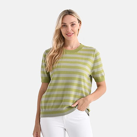 - Maisi Striped Knitted Round Neck Casual Top (Size M) - Green