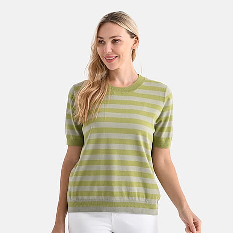 - Maisi Striped Knitted Round Neck Light Softly Brushed Top (Size L) - Green