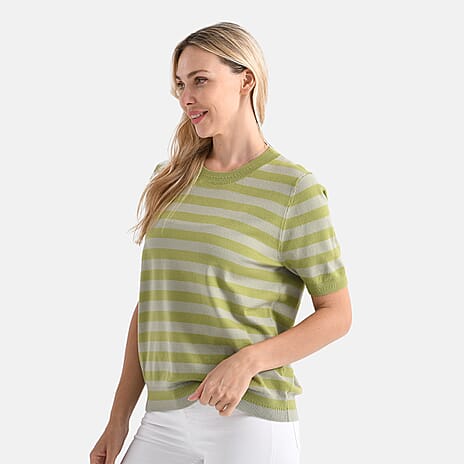 - Maisi Striped Knitted Round Neck Casual Top (Size XL) - Green