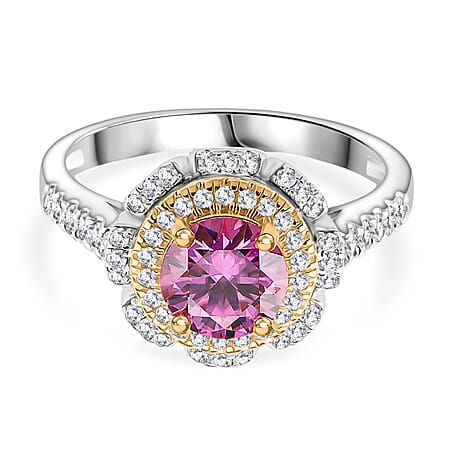 Pink Lotus Moissanite Ring in Rhodium Overlay & Vermeil Yellow Gold Plated Sterling Silver 1.34 Ct.