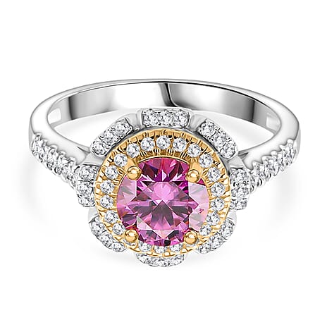 Pink Moissanite Ring in Rhodium Overlay & Vermeil Yellow Gold Plated Sterling Silver 1.34 Ct.