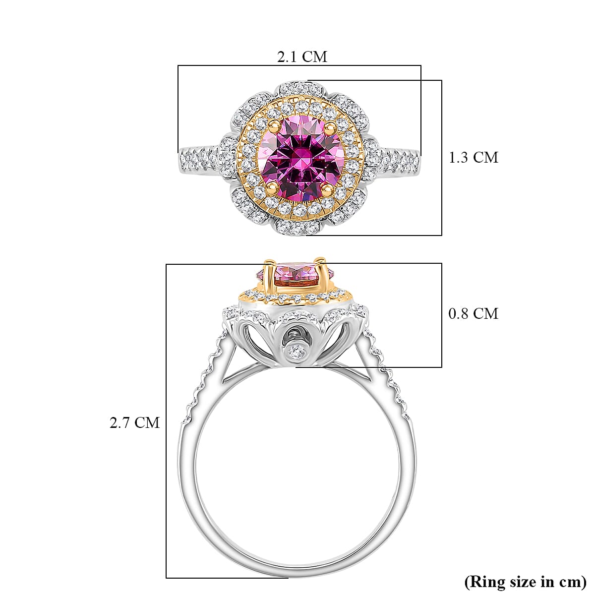 Pink Lotus Moissanite Ring in Rhodium Overlay & Vermeil Yellow Gold Plated Sterling Silver 1.34 Ct. Pink Lotus Moissanite Ring in Rhodium Overlay & Vermeil Yellow Gold Plated Sterling Silver 1.34 Ct.