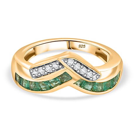 AAA Gemfields Emerald & White Zircon Ring in 18K Vermeil Yellow Gold Plated Sterling Silver 1.10 Ct.