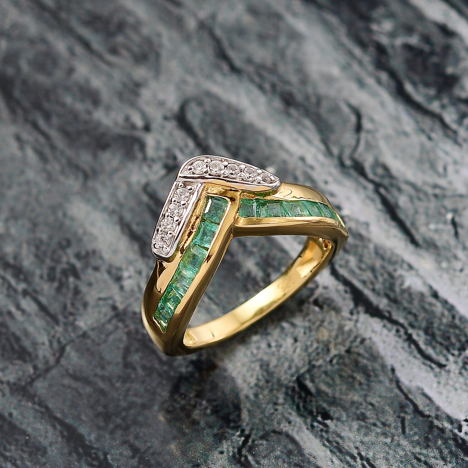AAA Gemfields Emerald & White Zircon Ring in 18K Vermeil Yellow Gold Plated Sterling Silver 1.10 Ct.