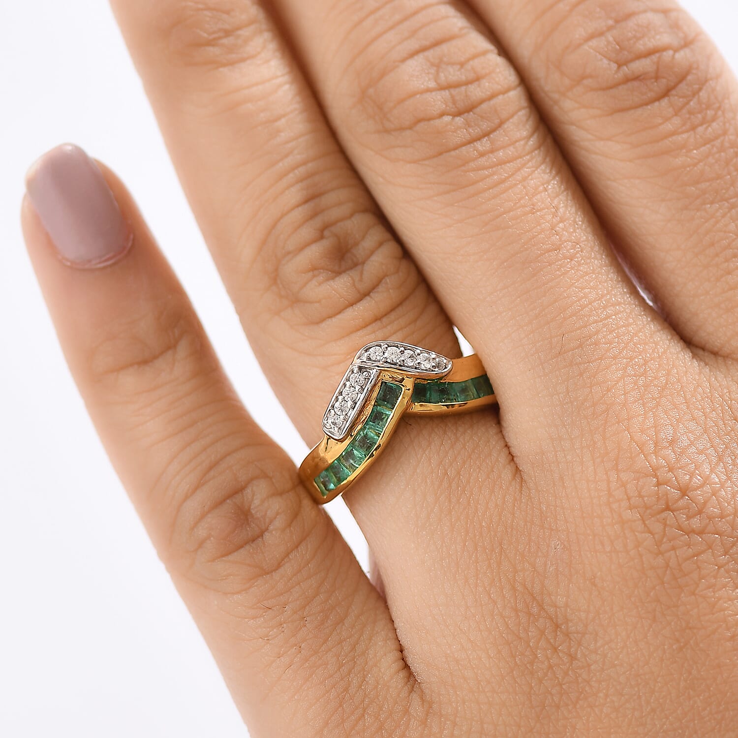 AAA Gemfields Emerald & White Zircon Ring in 18K Vermeil Yellow Gold Plated Sterling Silver 1.10 Ct.