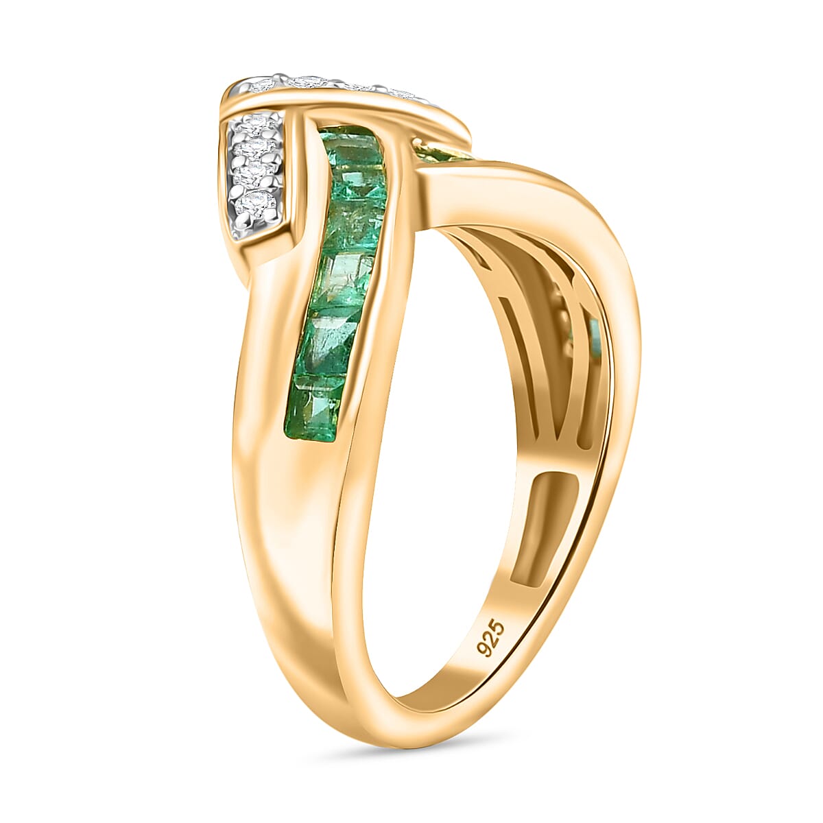 AAA Gemfields Emerald & White Zircon Ring in 18K Vermeil Yellow Gold Plated Sterling Silver 1.10 Ct.