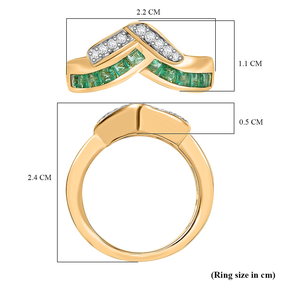 AAA Gemfields Emerald & White Zircon Ring in 18K Vermeil Yellow Gold Plated Sterling Silver 1.10 Ct.