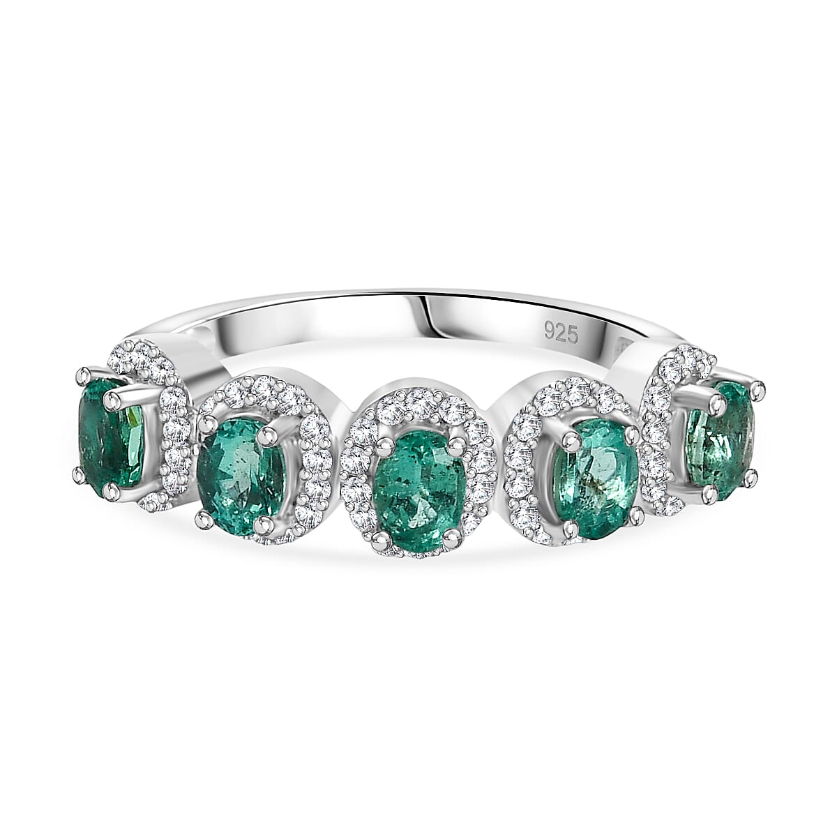 AAA Gemfields Emerald & White Zircon 5 Stone Ring in Rhodium Overlay Sterling Silver 1.16 Ct.