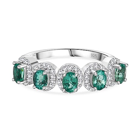 AAA Gemfields Emerald & White Zircon 5 Stone Ring in Rhodium Overlay Sterling Silver 1.16 Ct.