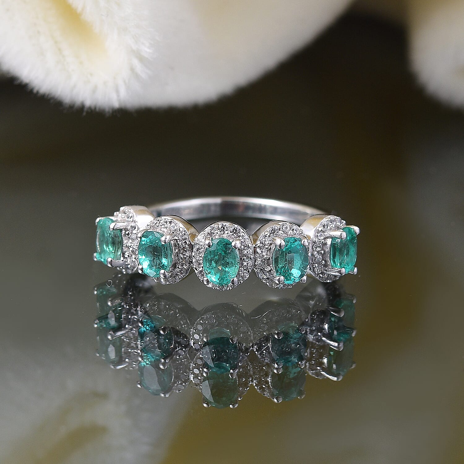 AAA Gemfields Emerald & White Zircon 5 Stone Ring in Rhodium Overlay Sterling Silver 1.16 Ct.