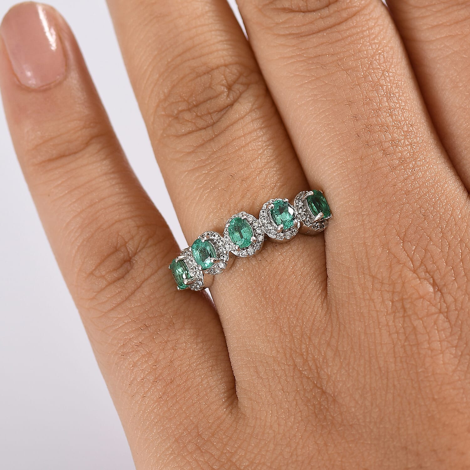 AAA Gemfields Emerald & White Zircon 5 Stone Ring in Rhodium Overlay Sterling Silver 1.16 Ct.