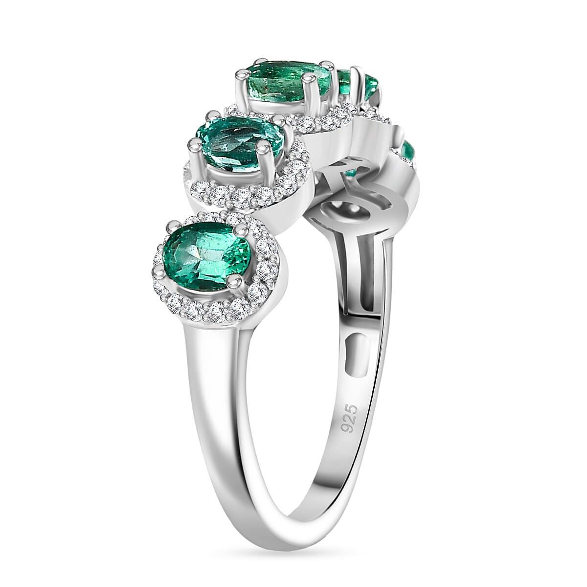 AAA Gemfields Emerald & White Zircon 5 Stone Ring in Rhodium Overlay Sterling Silver 1.16 Ct.