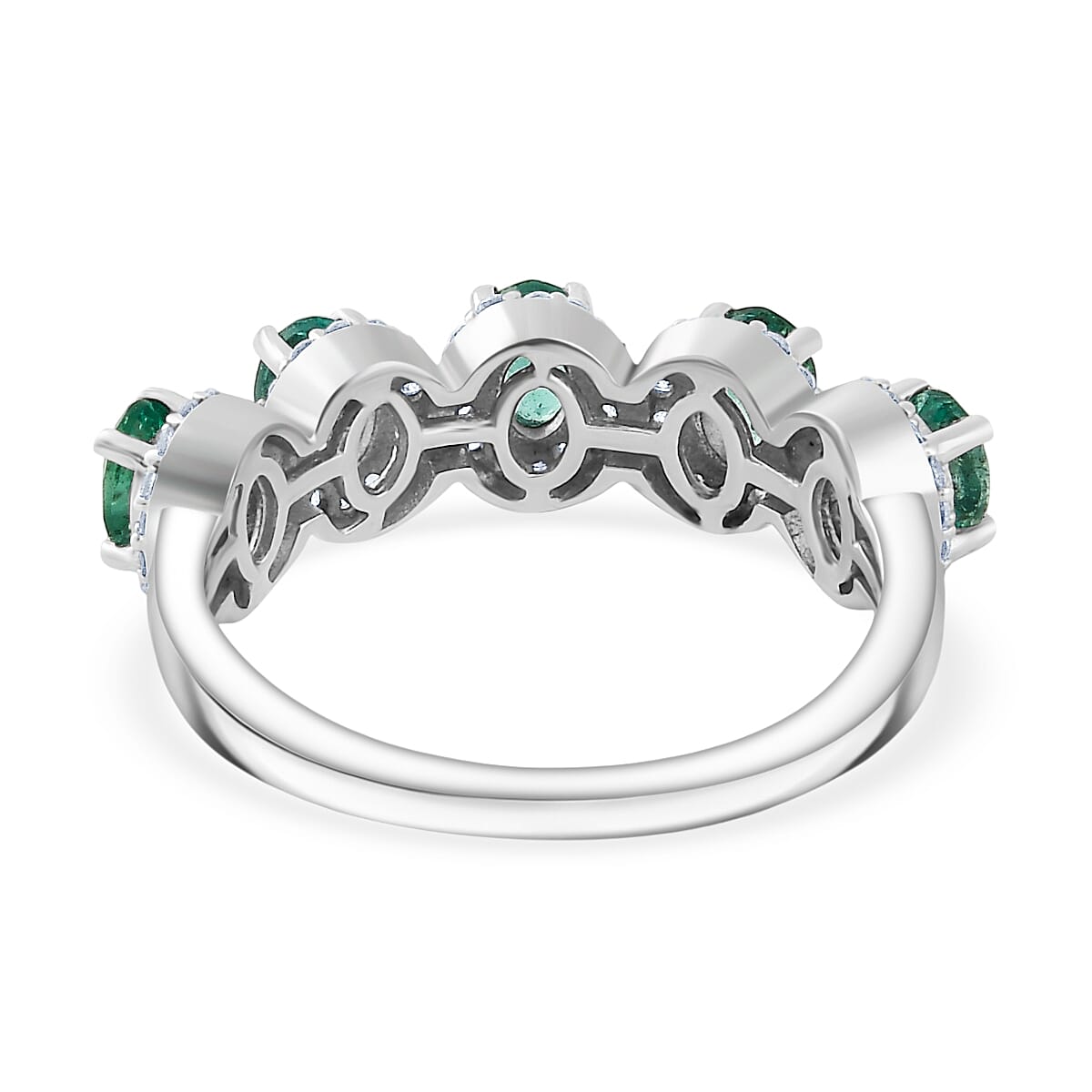 AAA Gemfields Emerald & White Zircon 5 Stone Ring in Rhodium Overlay Sterling Silver 1.16 Ct.