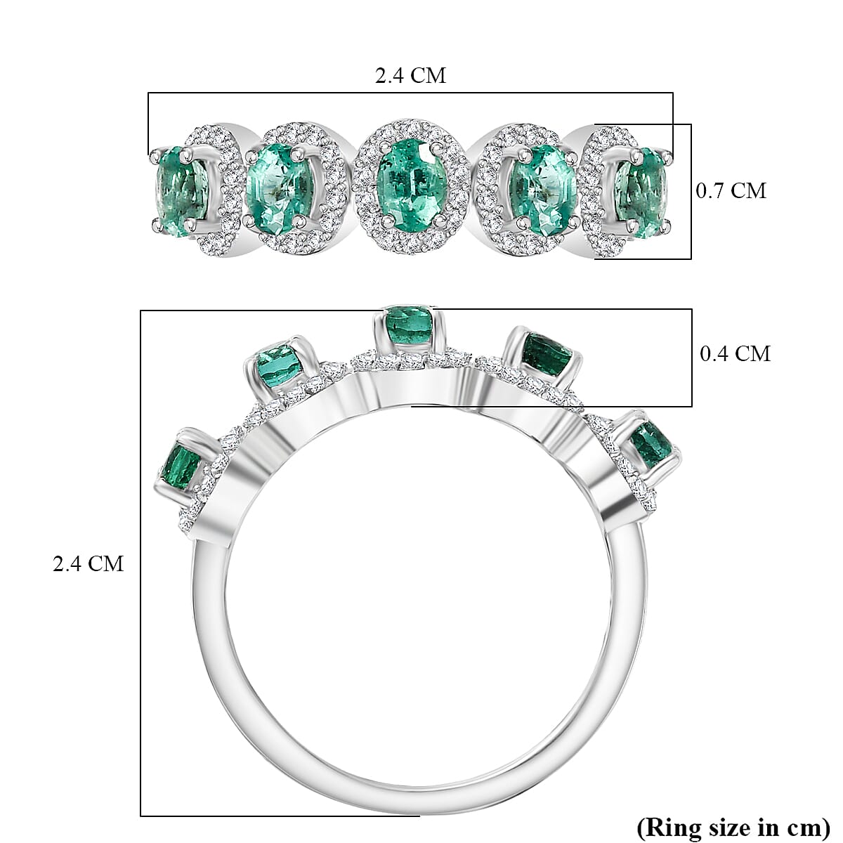AAA Gemfields Emerald & White Zircon 5 Stone Ring in Rhodium Overlay Sterling Silver 1.16 Ct.