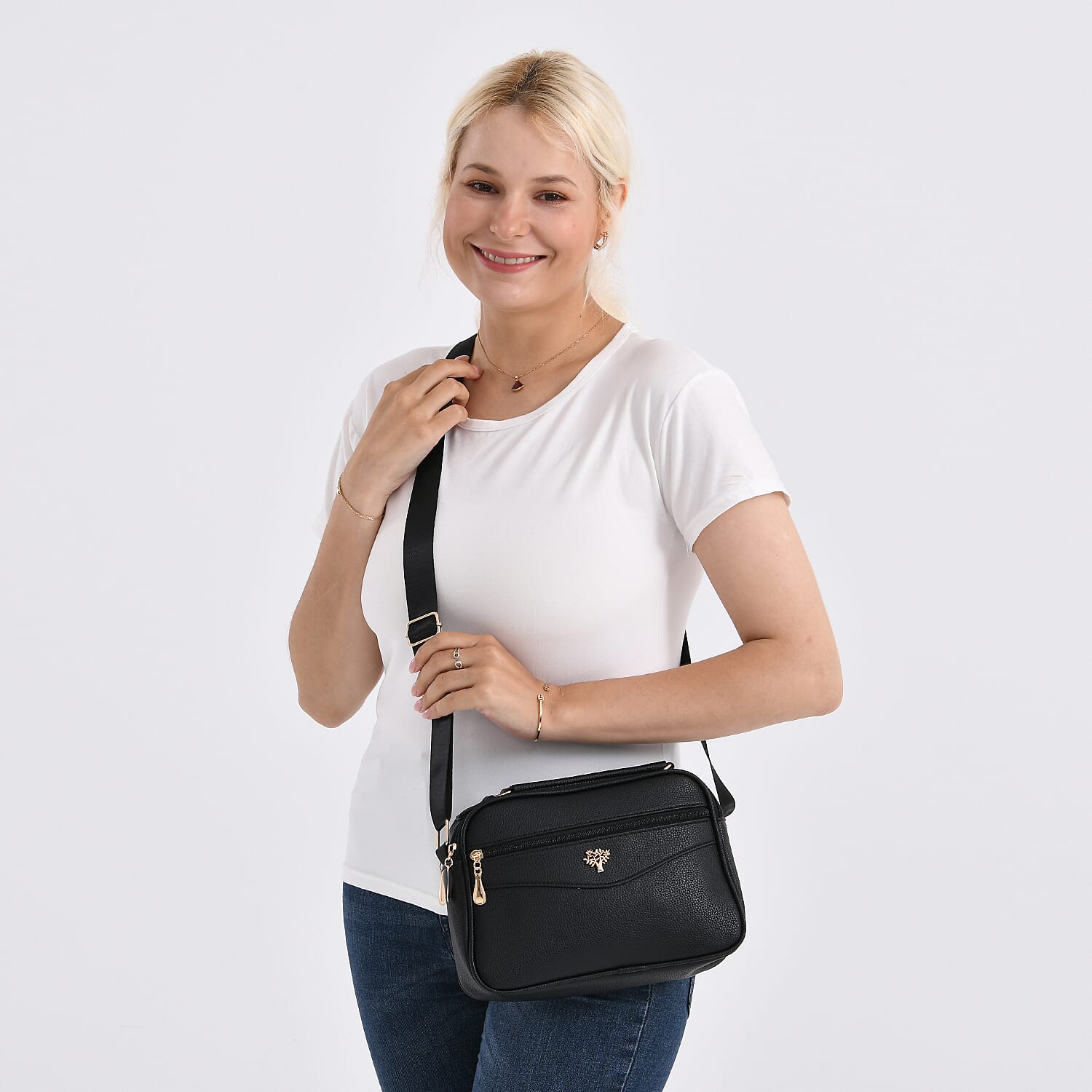 Boxy Shape Crossbody Bag with Top Handle - Black