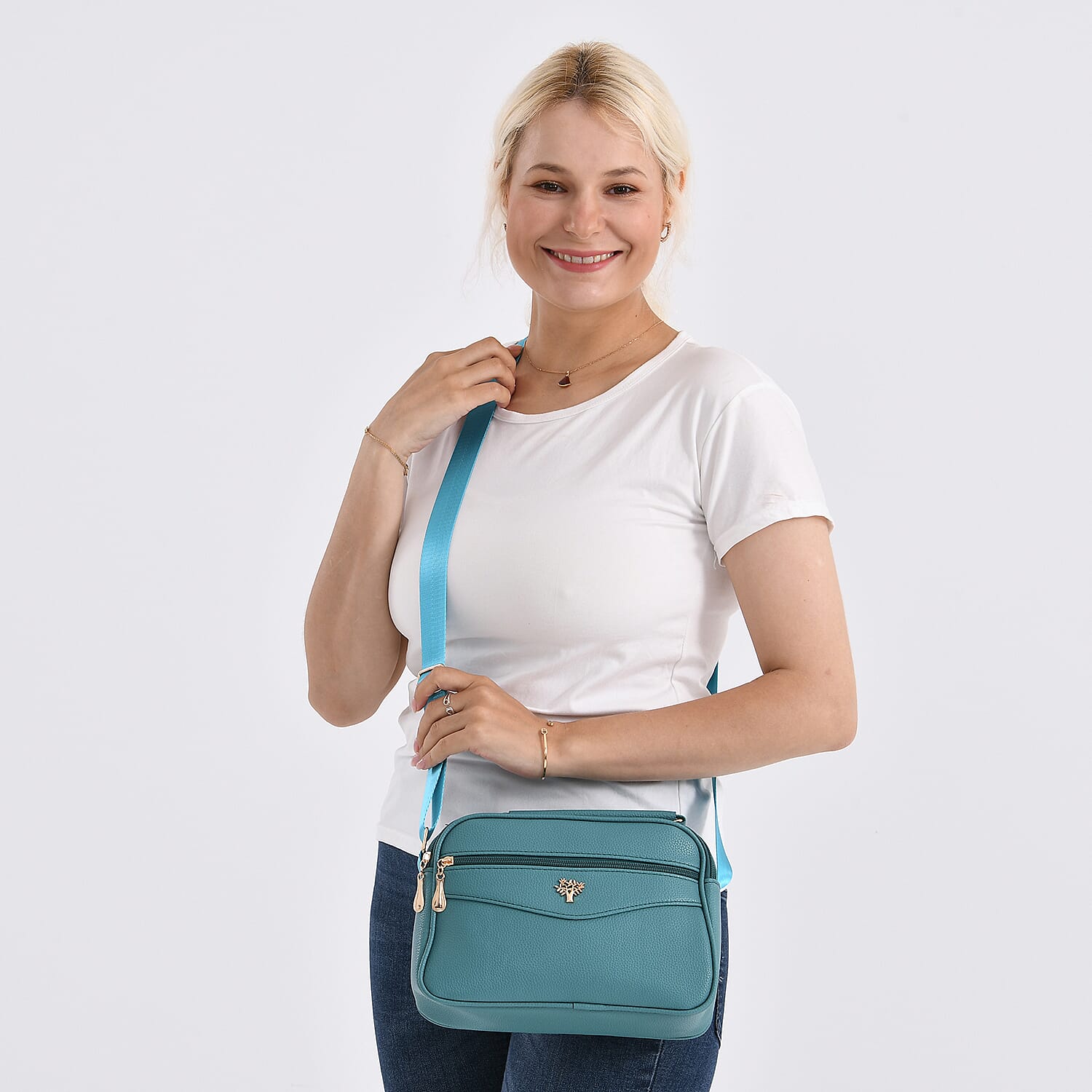 Boxy Shape Crossbody Bag with Top Handle - Teal