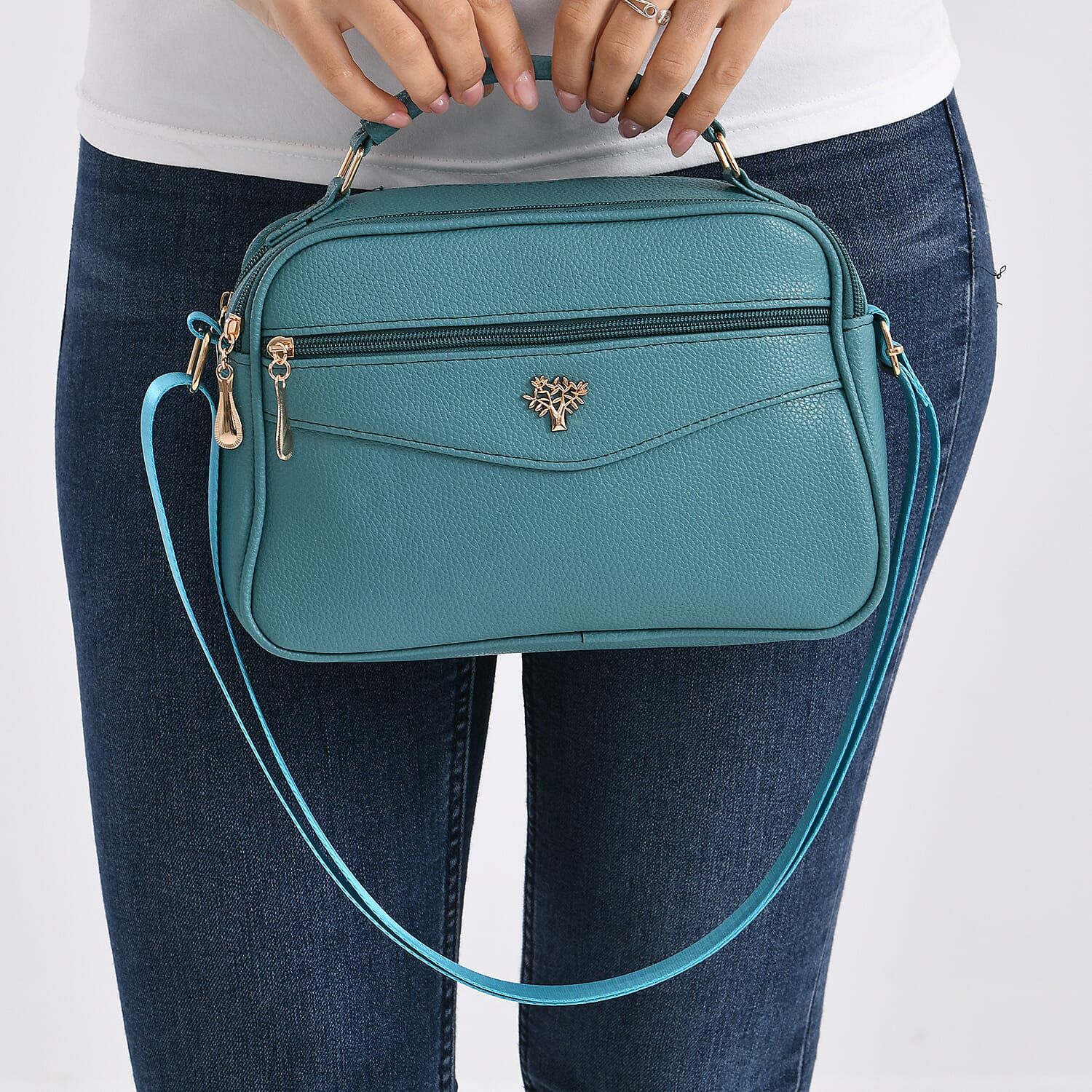 Boxy Shape Crossbody Bag with Top Handle - Teal