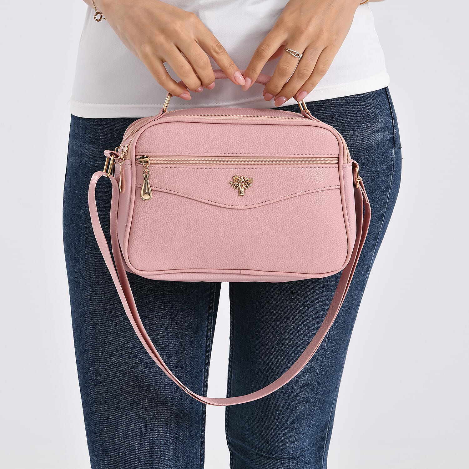 New Collection- Boxy Shape Crossbody Bag with Top Handle - Pink