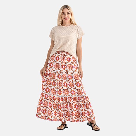 - Maisi Womens Viscose Bohemian Pattern Tiered Boho Skirt (One Size) - Orange