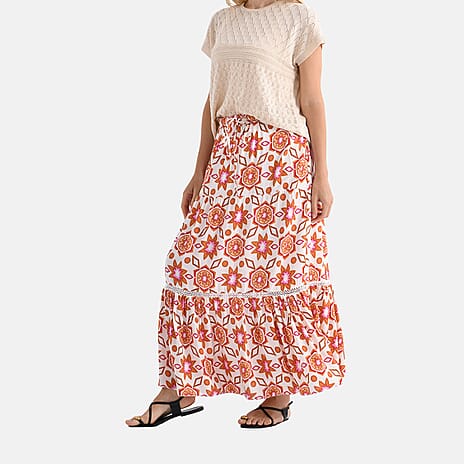 - Maisi Womens Viscose Bohemian Pattern Tiered Boho Skirt (One Size) - Orange