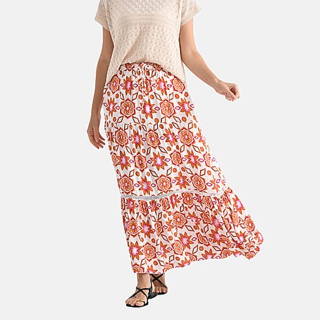 - Maisi Womens Viscose Bohemian Pattern Tiered Boho Skirt (One Size) - Orange