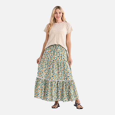- Maisi Womens Viscose Floral Print Tiered Boho Skirt (One Size Curve) - Green