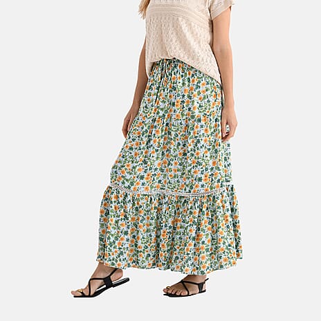 - Maisi Womens Viscose Floral Print Tiered Boho Skirt (One Size Curve) - Green