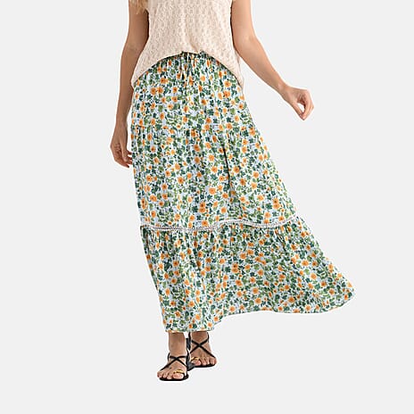 - Maisi Womens Viscose Floral Print Tiered Boho Skirt (One Size Curve) - Green