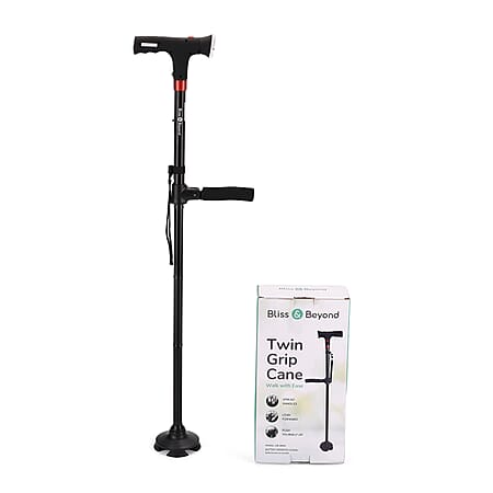 Bliss & Beyond Smart Easy Up Dual-Handle Walking Cane - Adjustable Support with LED Light - SOS Alarm - Black
