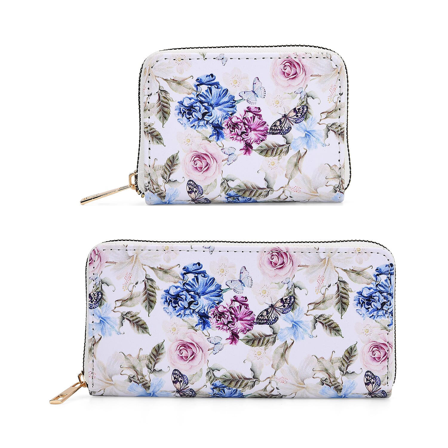 Set of 2- Multicolor Flowers Print Zip-Around Wallet & Purse - White