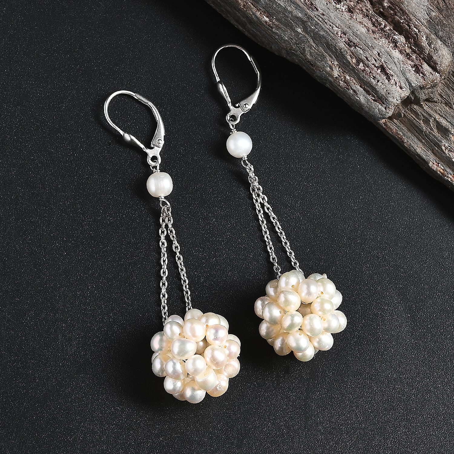 Fresh Water Pearl Earring with Lever Back in Rhodium Overlay Sterling Silver Fresh Water Pearl Earring with Lever Back in Rhodium Overlay Sterling Silver