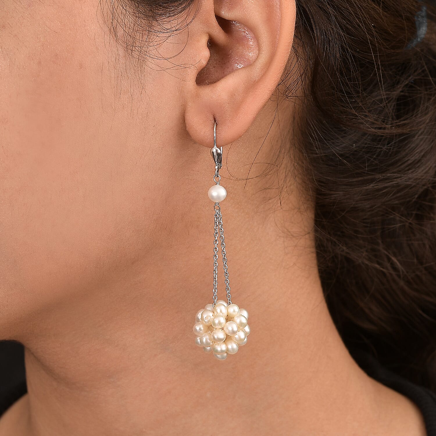 Fresh Water Pearl Earring with Lever Back in Rhodium Overlay Sterling Silver Fresh Water Pearl Earring with Lever Back in Rhodium Overlay Sterling Silver