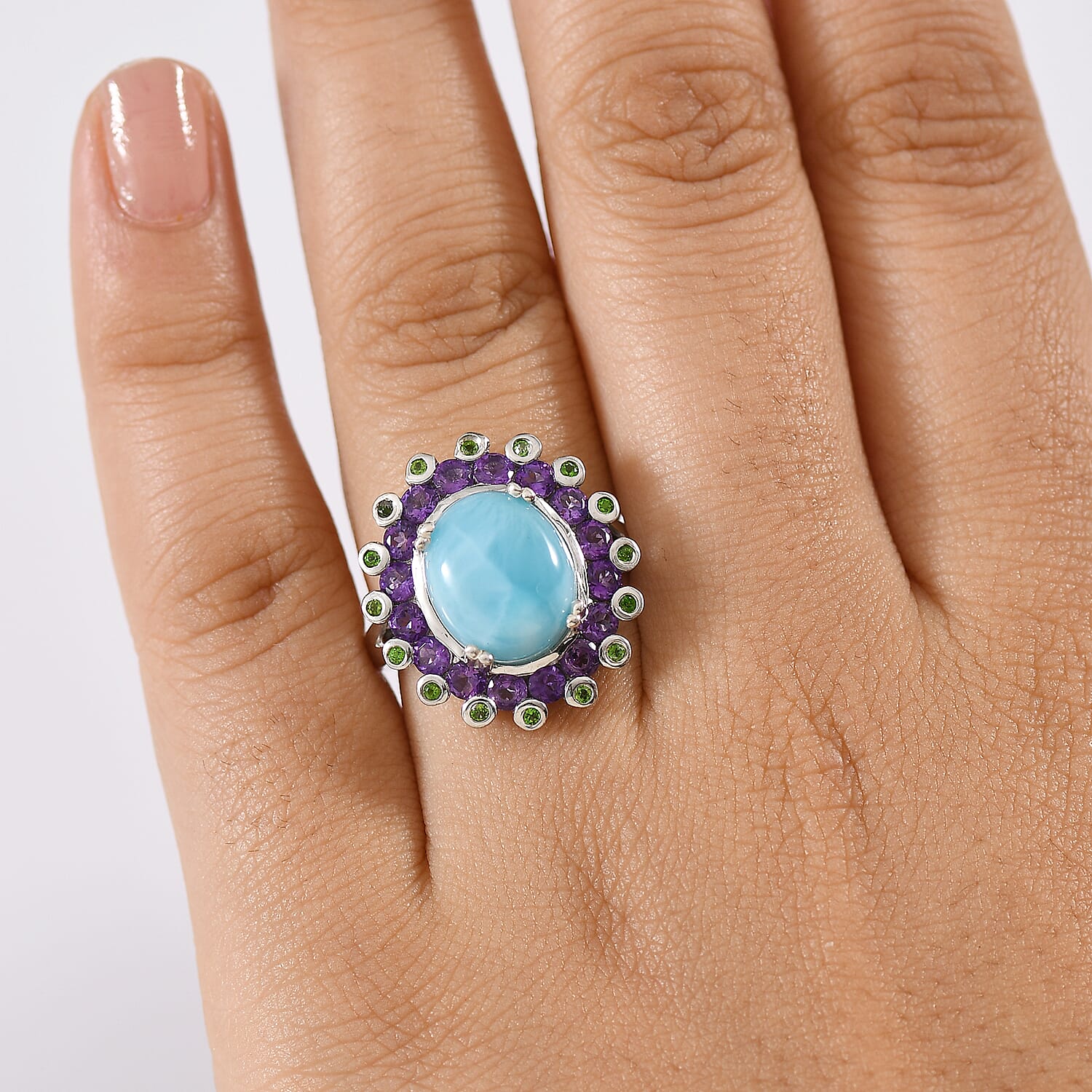 Larimar, Natural Chrome Diopside, African Amethyst Solitaire Ring in Rhodium OverlaySterling Silver, Silver Wt.5 Gms  7.504  Ct.