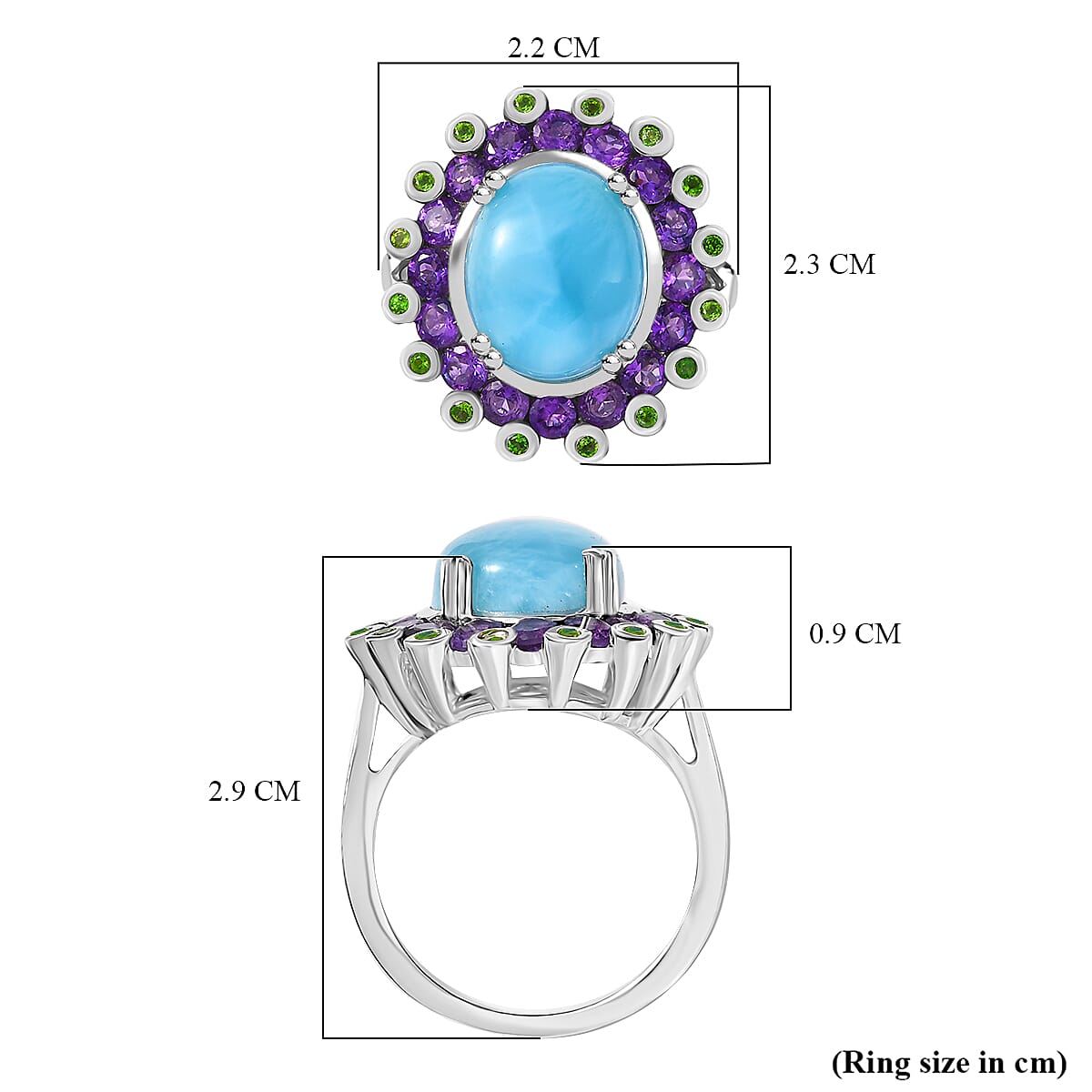 Larimar, Natural Chrome Diopside, African Amethyst Solitaire Ring in Rhodium OverlaySterling Silver, Silver Wt.5 Gms  7.504  Ct.