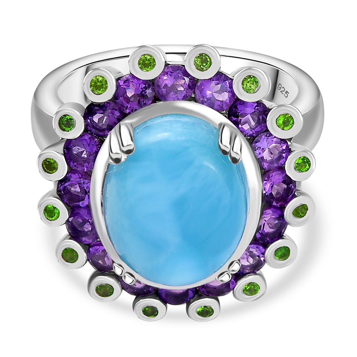 Larimar, Natural Chrome Diopside & African Amethyst Ring in Rhodium Overlay Sterling Silver 7.50 Ct.
