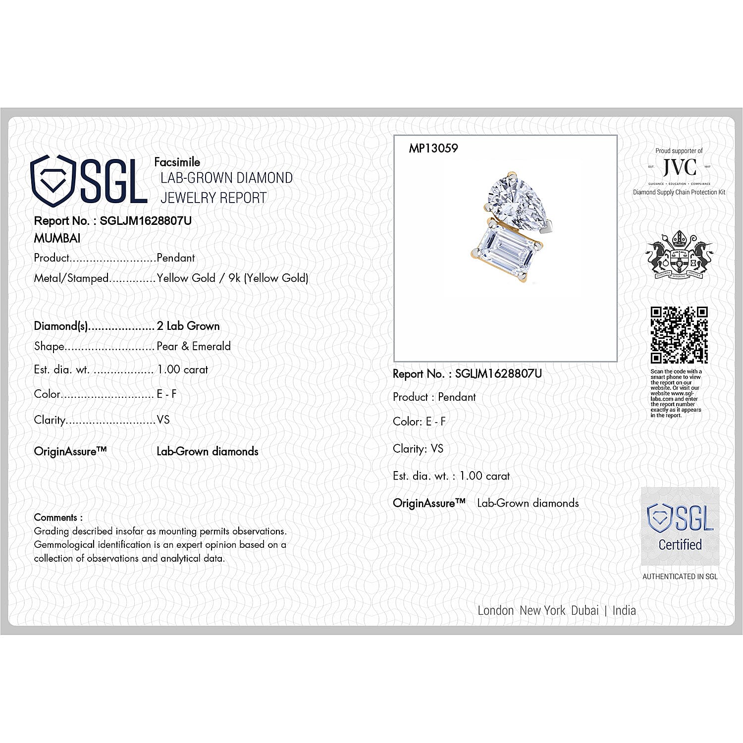 Luxuriant Diamond 9K Yellow Gold SGL Certified Pear & Emerald Cut Lab Grown Diamond (VS-E-F) Pendant 1.00 Ct. Luxuriant Diamond 9K Yellow Gold SGL Certified Pear & Emerald Cut Lab Grown Diamond (VS-E-F) Pendant 1.00 Ct.