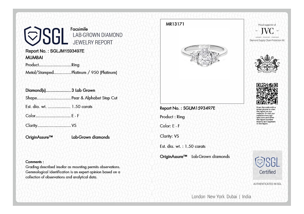 Luxuriant Diamond 950 Platinum VS Lab Grown Diamond EF, VS Ring, Platinum Wt.4.4 Gms 1.500 Ct. Luxuriant Diamond 950 Platinum VS Lab Grown Diamond EF, VS Ring, Platinum Wt.4.4 Gms 1.500 Ct.