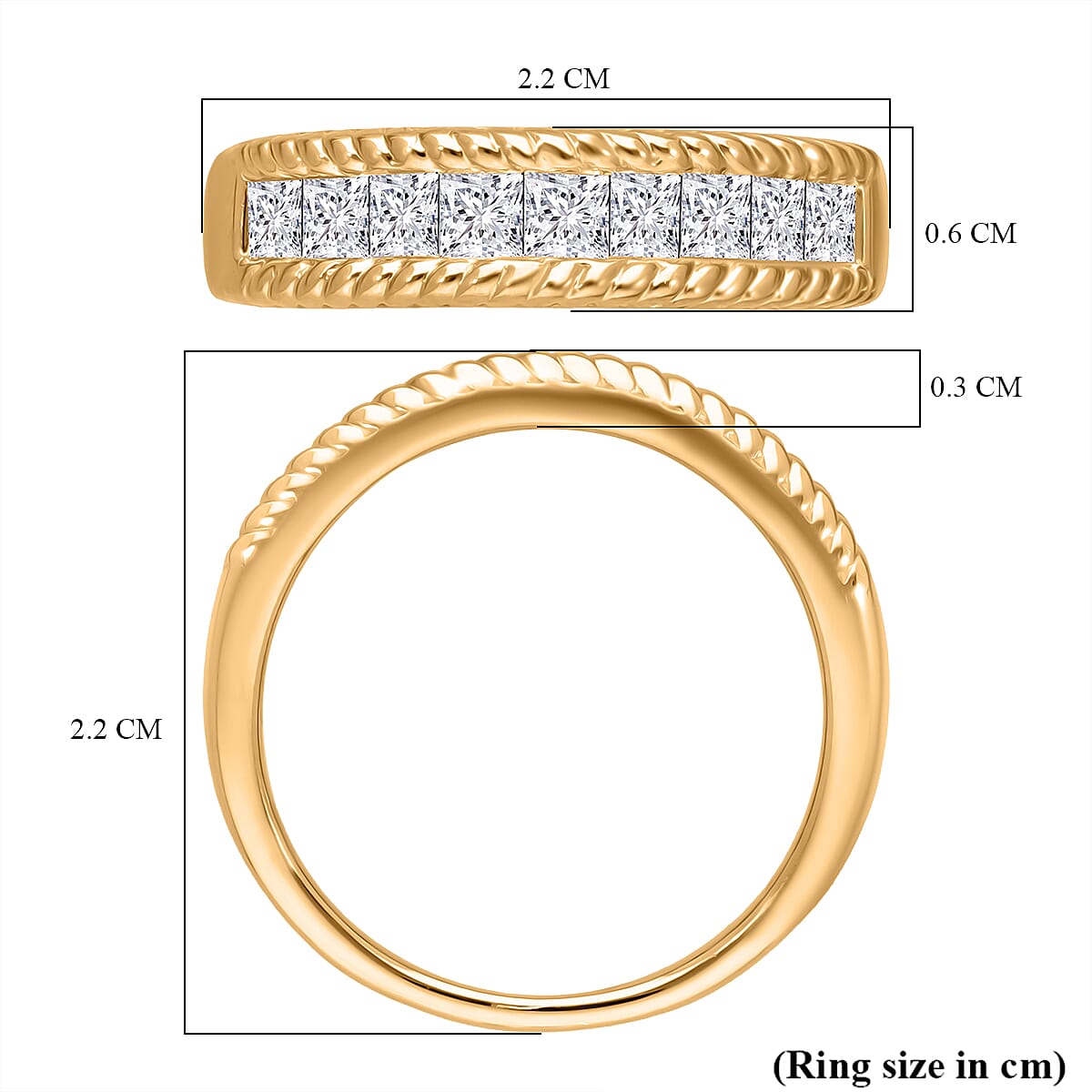 Luxuriant Square Cut Lab Grown Diamond (VS-D) Band Ring in Vermeil Yellow Gold Plated Sterling Silver