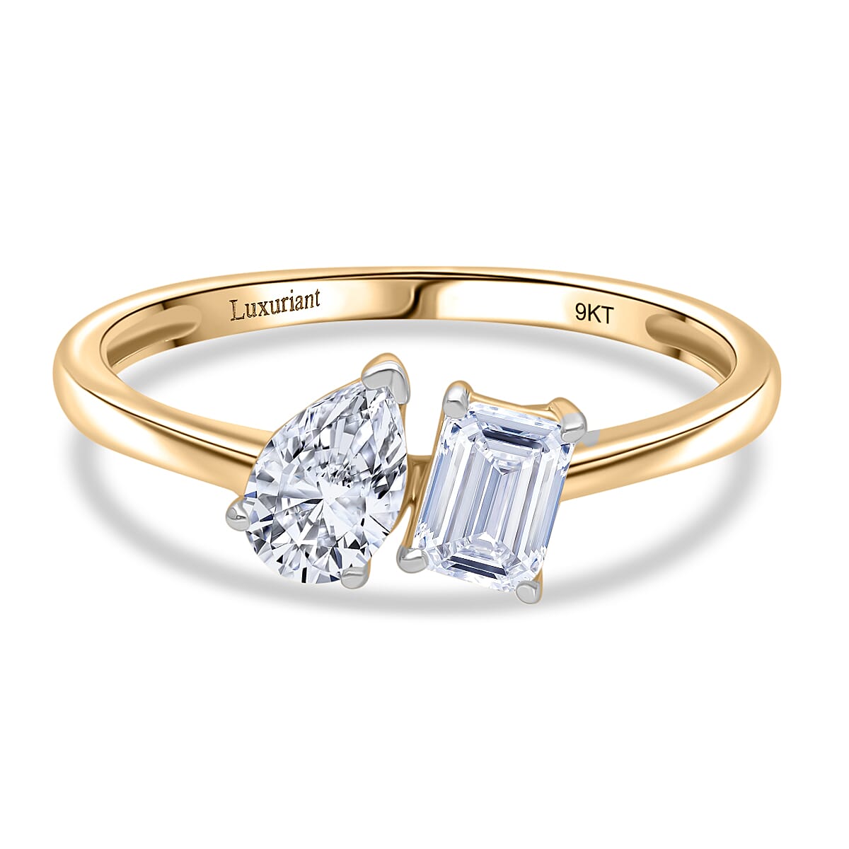 Luxuriant 9K Yellow Gold SGL Certified Pear & Emerald Cut Lab Grown Diamond (VS-EF) Ring 1.00 Ct.