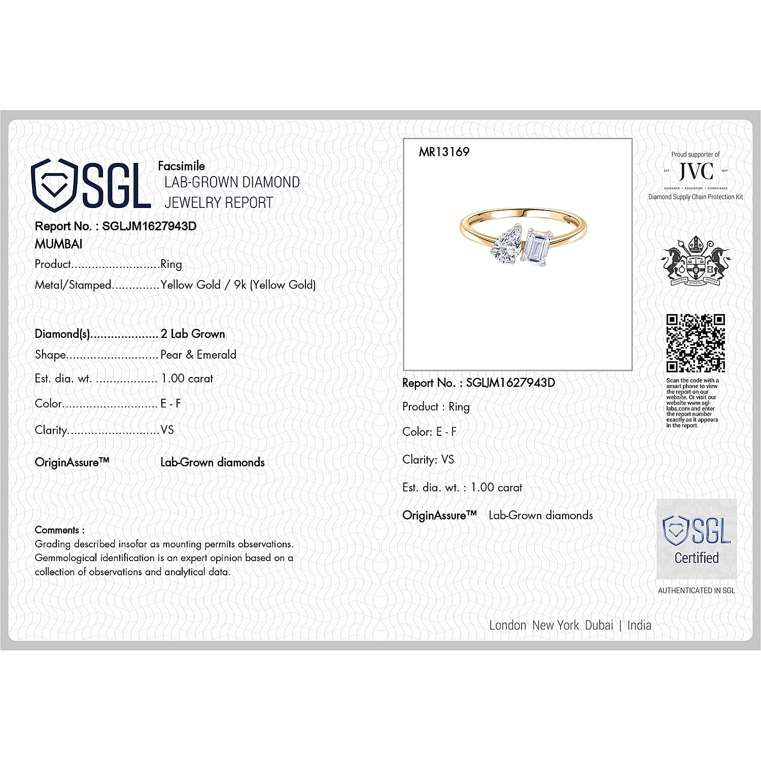 Luxuriant 9K Yellow Gold SGL Certified Pear & Emerald Cut Lab Grown Diamond (VS-EF) Ring 1.00 Ct.