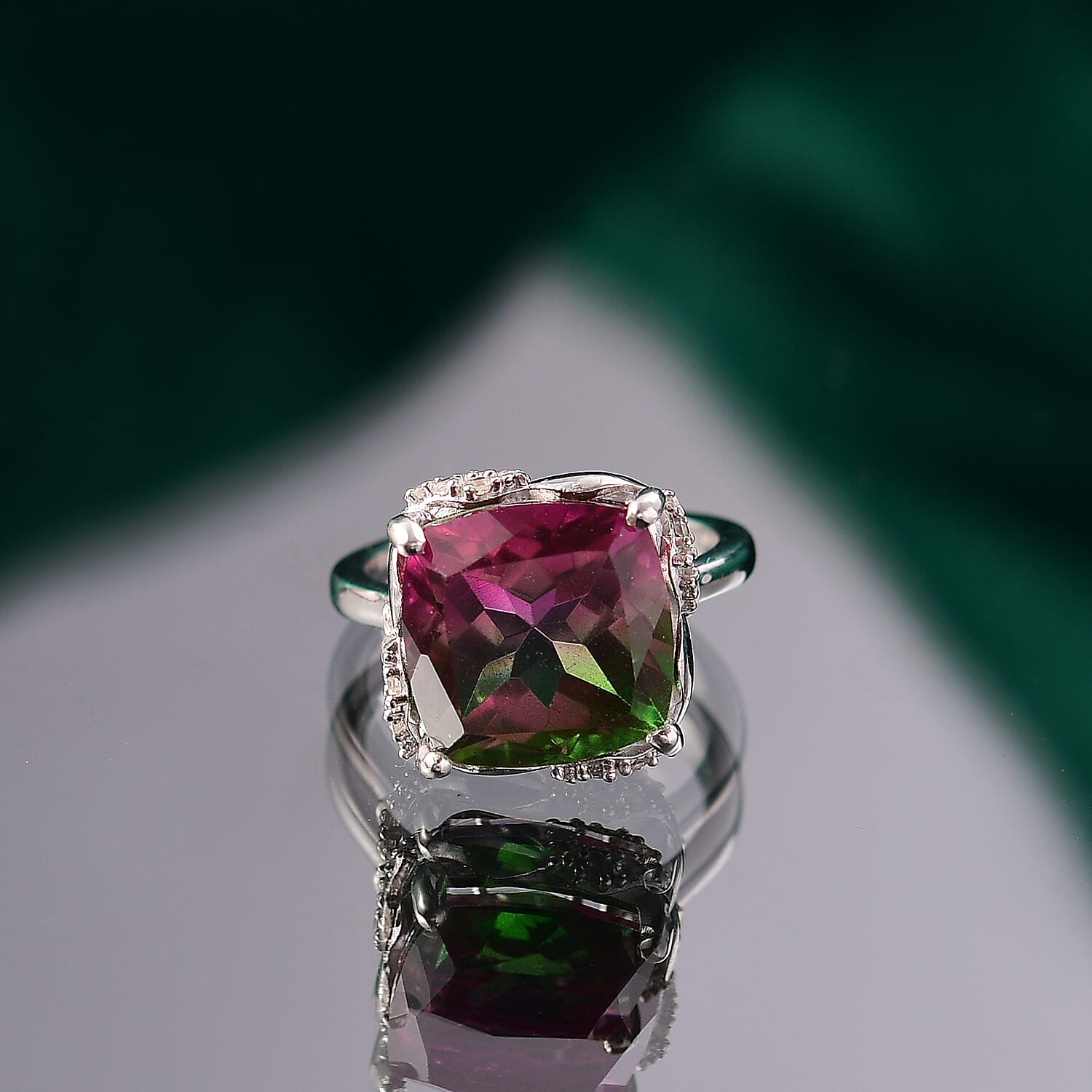 Watermelon Quartz Triplet & White Zircon Solitaire Ring in Rhodium Overlay Sterling Silver 8.97 Ct.