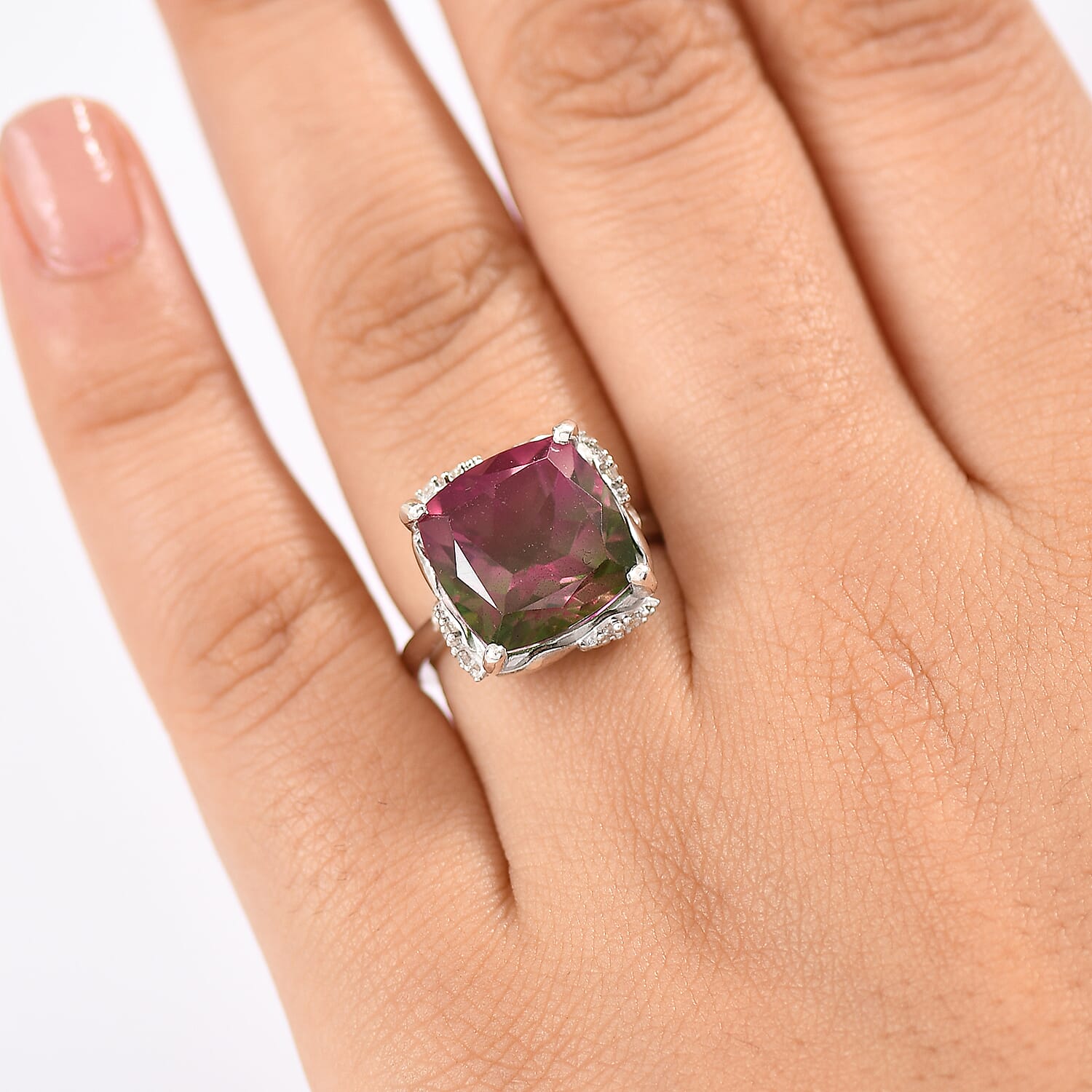 Watermelon Quartz Triplet & White Zircon Solitaire Ring in Rhodium Overlay Sterling Silver 8.97 Ct.