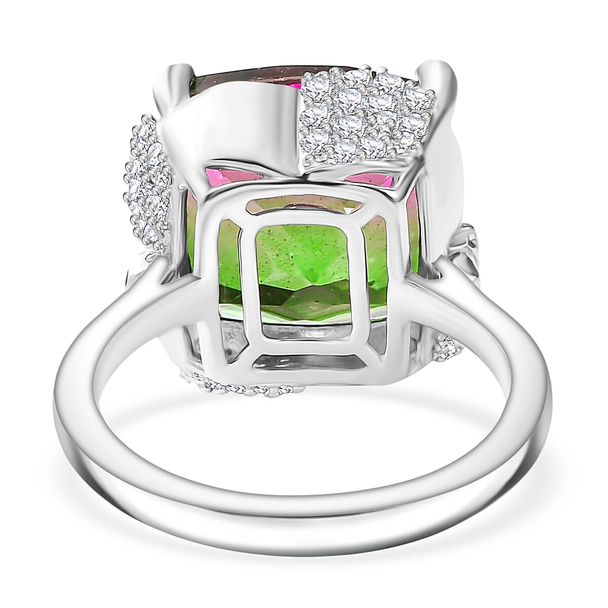 Watermelon Quartz Triplet & White Zircon Solitaire Ring in Rhodium Overlay Sterling Silver 8.97 Ct.