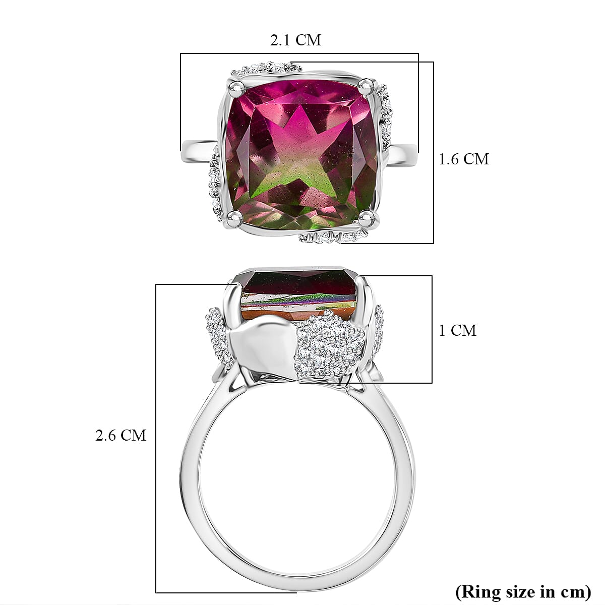Watermelon Quartz Triplet & White Zircon Solitaire Ring in Rhodium Overlay Sterling Silver 8.97 Ct.