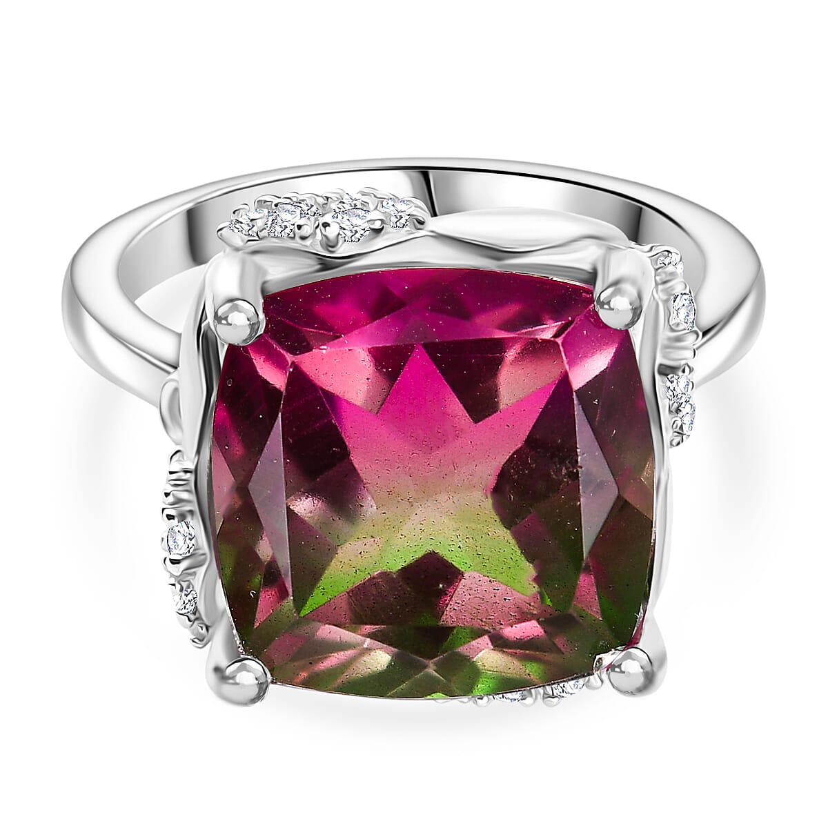 Watermelon Quartz Triplet & White Zircon Solitaire Ring in Rhodium Overlay Sterling Silver 8.97 Ct.